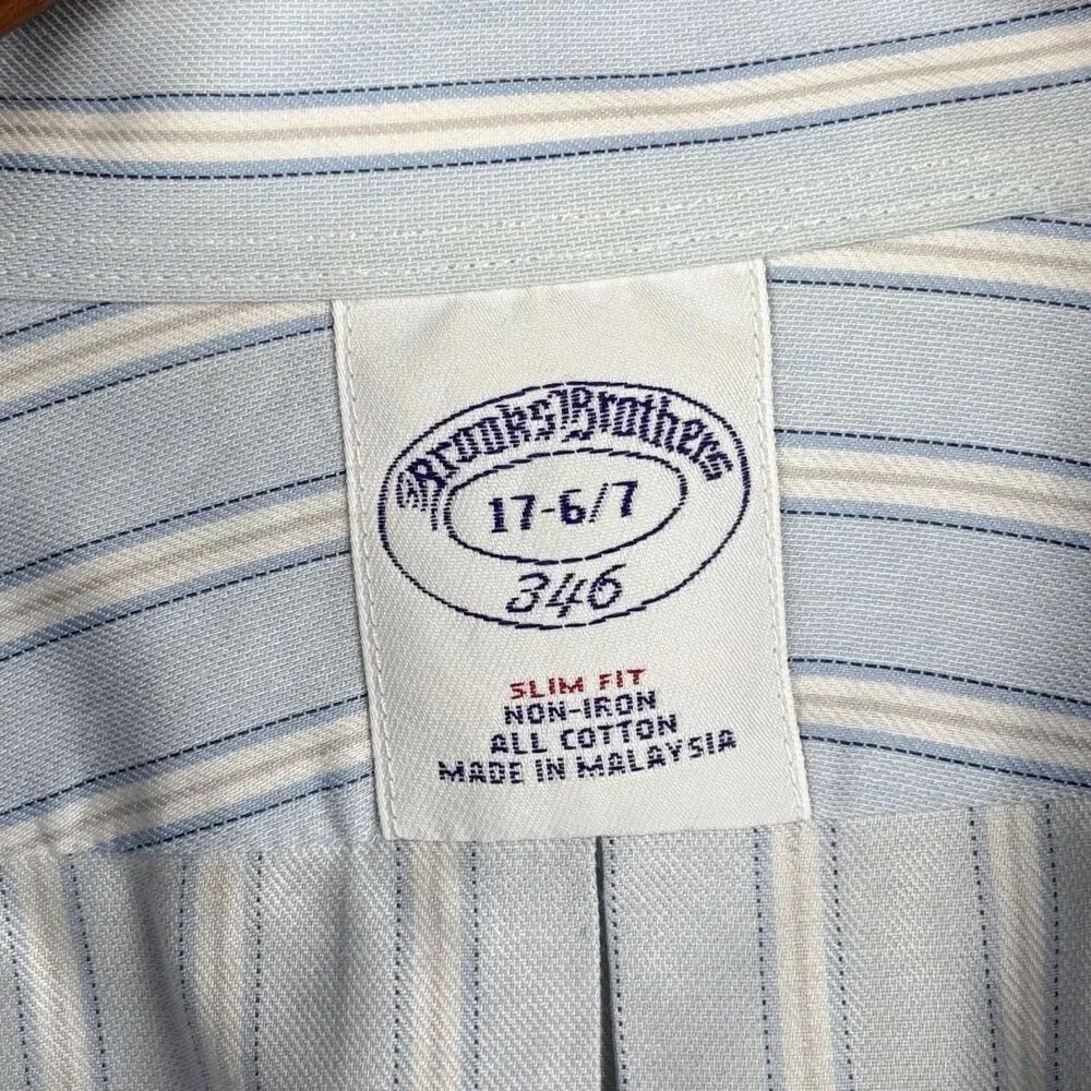 Brooks Brothers Men 17-6/7 Light Blue Striped Dress Shirt Slim Supima Cotton